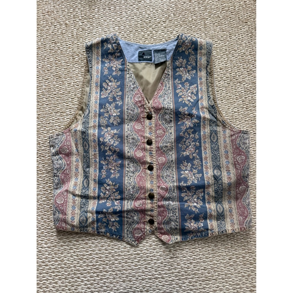 Lizwear Vintage Floral Paisley Cotton Button Front Vest grunge 90's denim LG